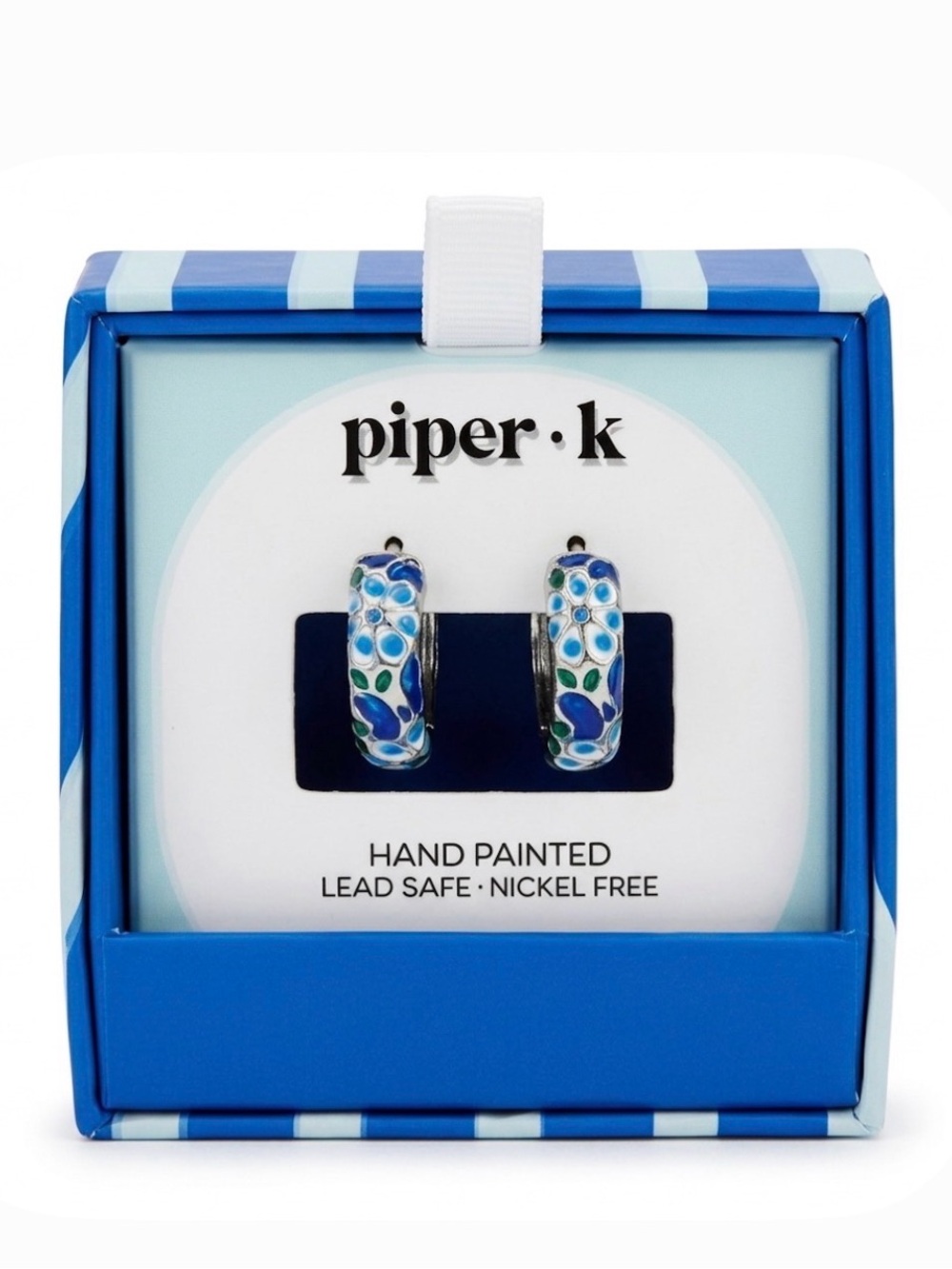 NWT ⚜️💙⚜️ Piper K Silver tone Hand-Painted White & Blue Floral Hoop Earrings